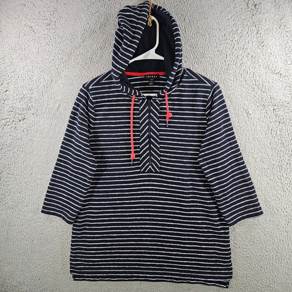 Tribal Womens Navy White Striped Quarter Zip Hoodie Top Size M
